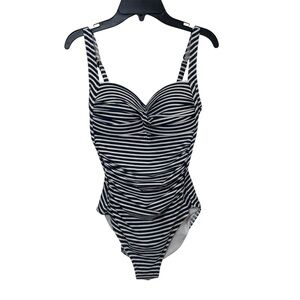 Niptuck Swim Navy Blue & White Nautical Striped Ruched One-Piece Swimsuit